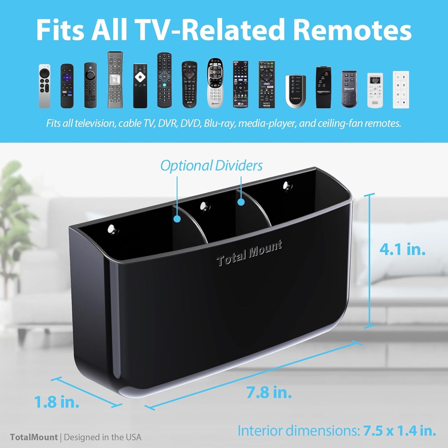 TotalMount Hole-Free Remote Holder – Eliminates Need to Drill Holes in Your Wall (Premium Black Holder for 3 or 4 Remotes)