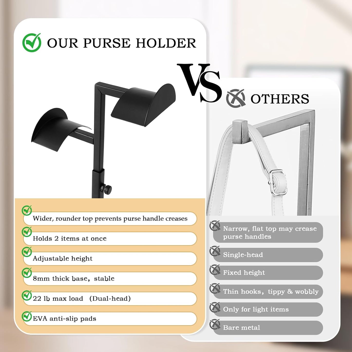 2 Pack Purse Stands for Display, Dual Hook Purse Holder, Stainless Steel, Adjustable Height Purse Rack Stand Bag Hanger for Closet, Handbag Display Stand for Vendors Table Boutiques (Black)