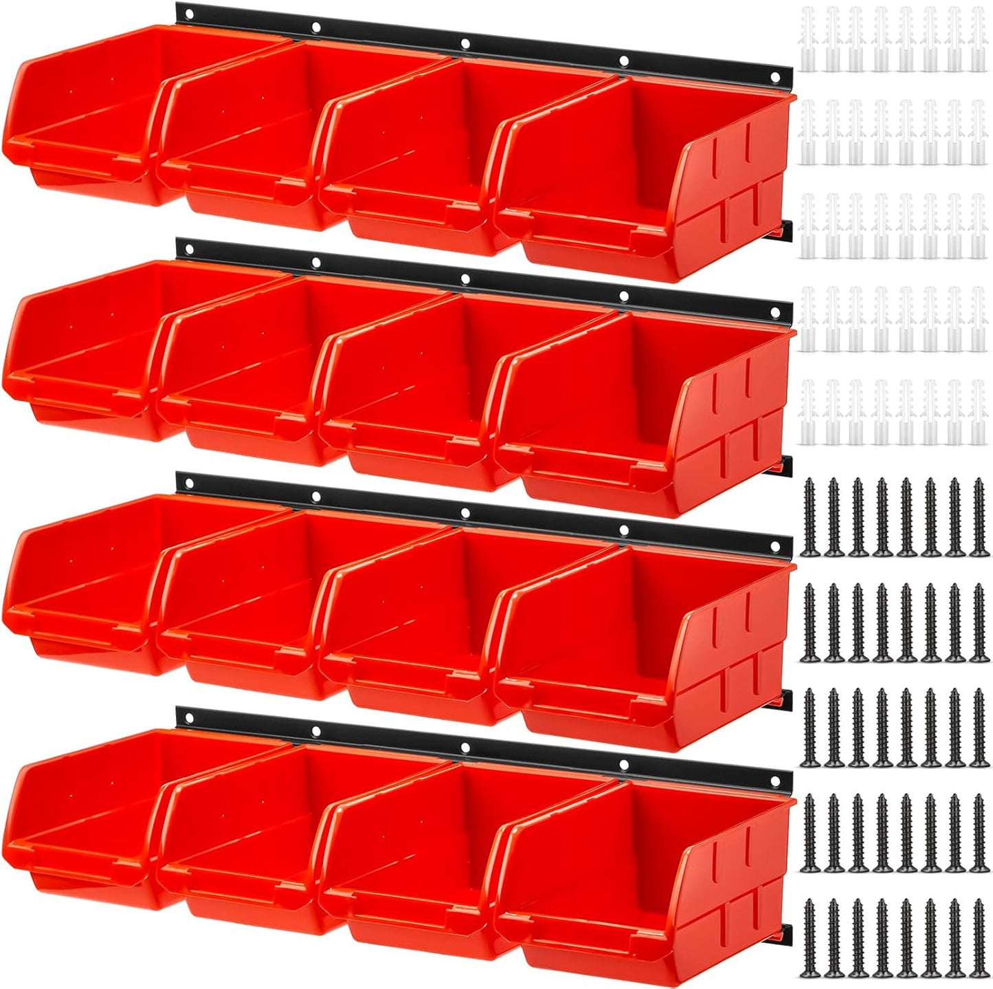 Maitys Wall Mounted Storage Bins Plastic Hanging Stackable Storage Parts Garage Tool Organizer for Screws, Nuts, Bolts, Nails, and Small Hardware Parts, 16x Bins & 4 x Rails(Orange)