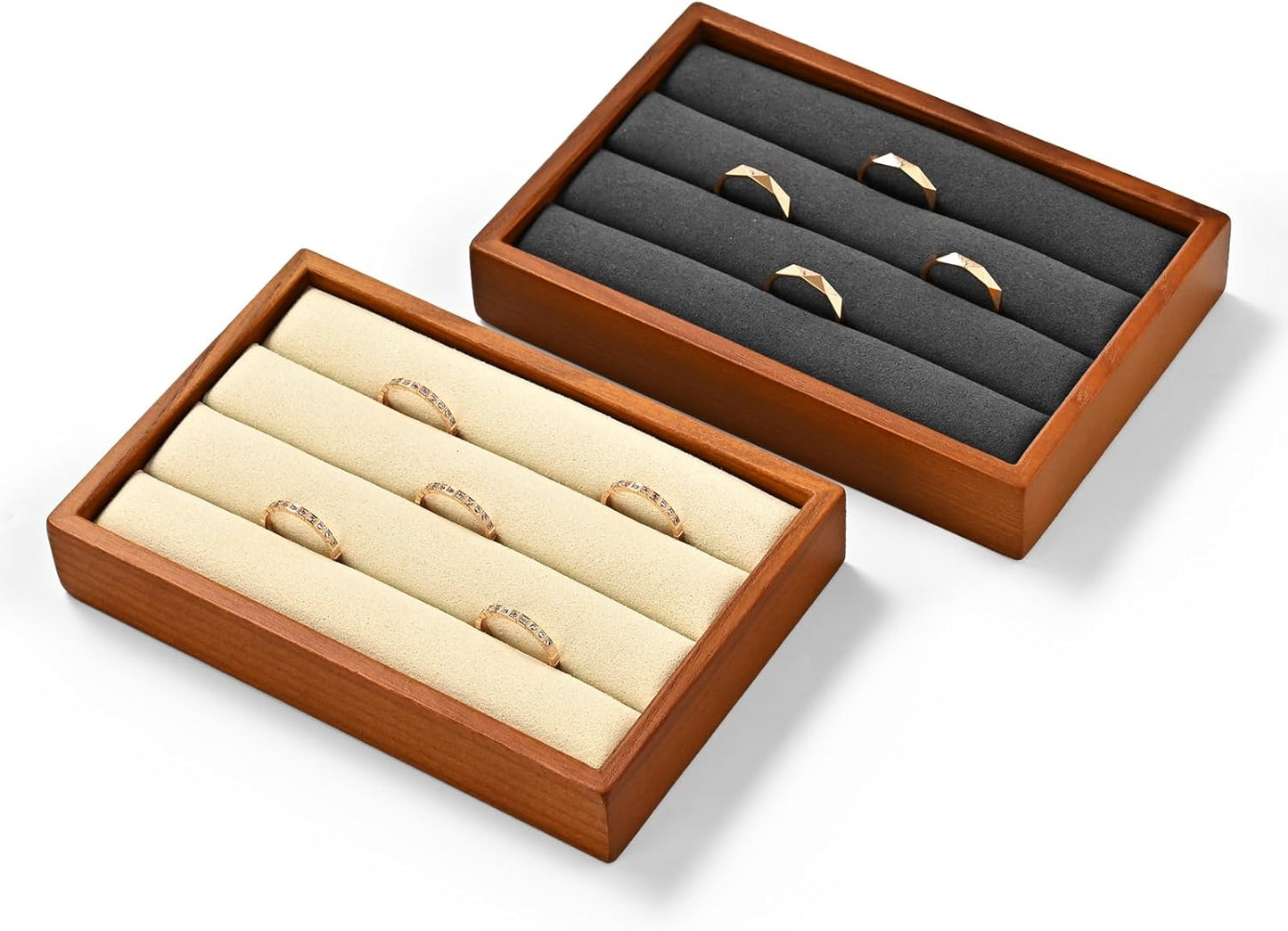 Solid Wood 3-Slots Jewelry Ring Display Tray Showcase Small Jewelry Display Organizer Tray for Rings(M,Beige)