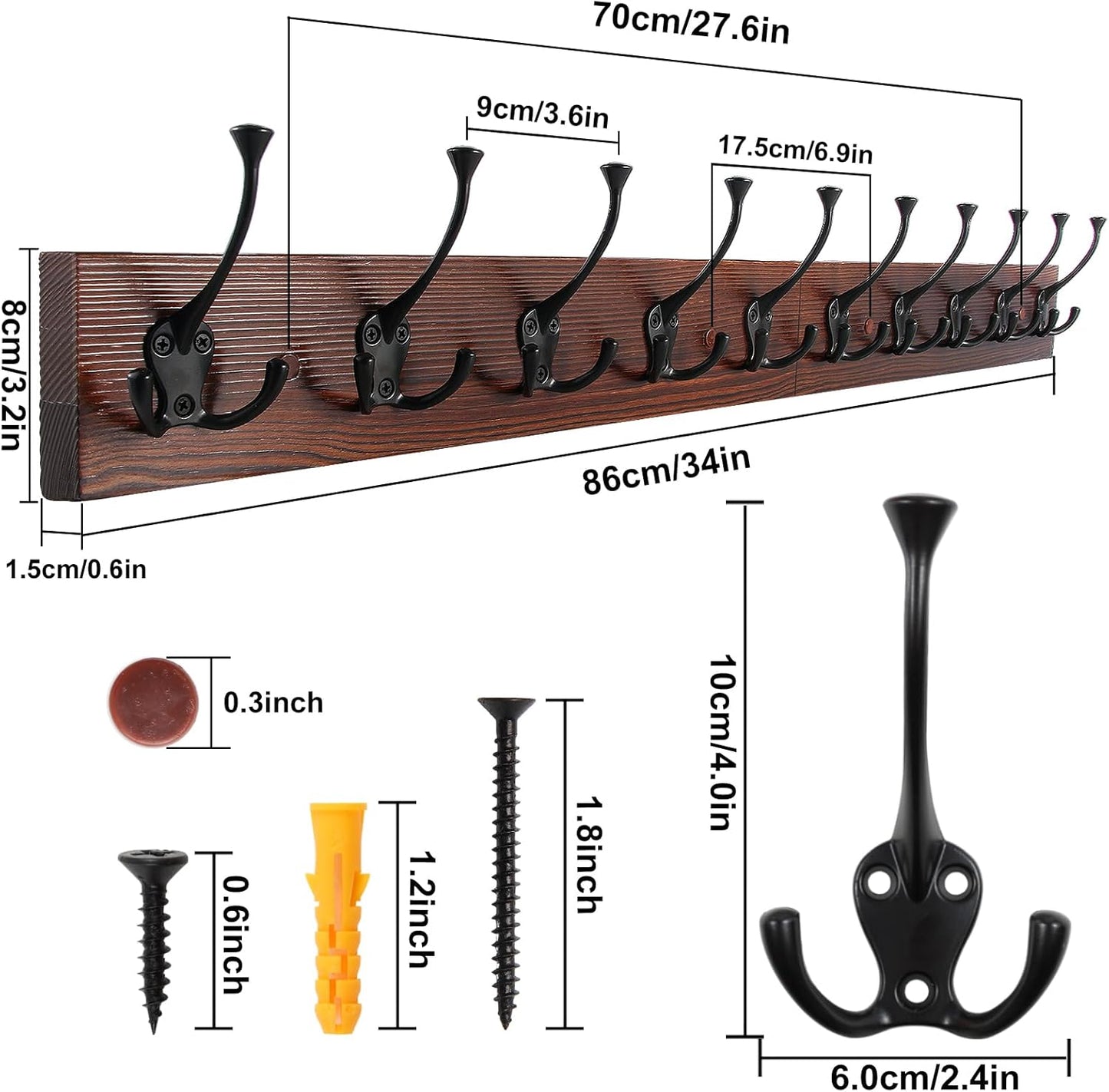 IBosins 34'' Coat Rack Wall Mount with 10 Decorative Tri-Hooks, Heavy Duty Wood Coat Hanger, Rustic Coat Hooks Rail for Entryway Living Room Coat Scarf Bag Towel Hat