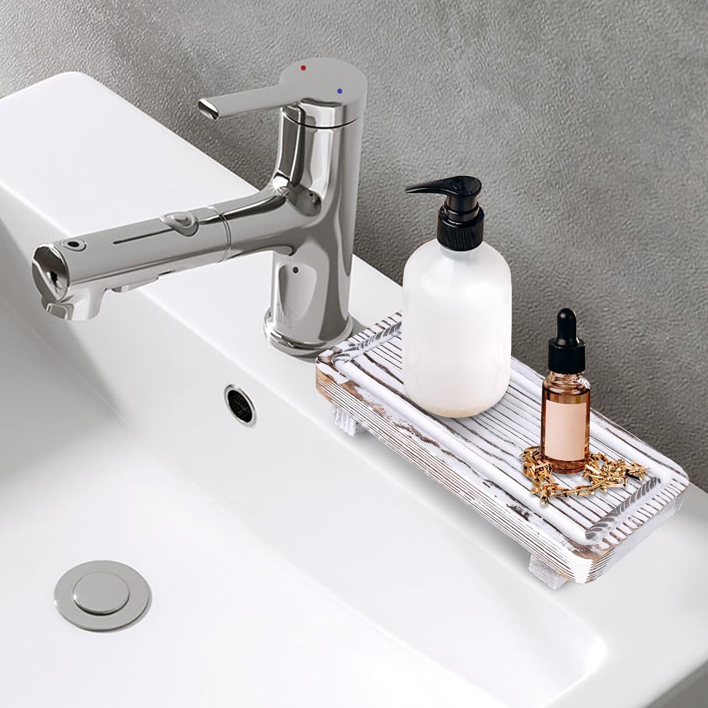 Small White Bathroom Decor Tray for Counter Dish Soap Holder Wooden Pedestal Stand for Kitchen Sink Soap Dispenser Tray Wood Risers Kitchen Accessories Countertop Vanity Counter Sink Tray