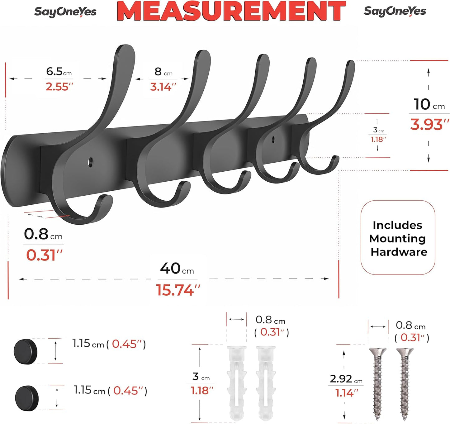 Black Coat Rack Wall Mounted - 16 Inch Heavy Duty Stainless Steel Matte Finish Wall Hook Rack - 5 Double Coat Hooks for Hanging Towels, Bags, Hat - Bathroom Entryway - 2 Pack