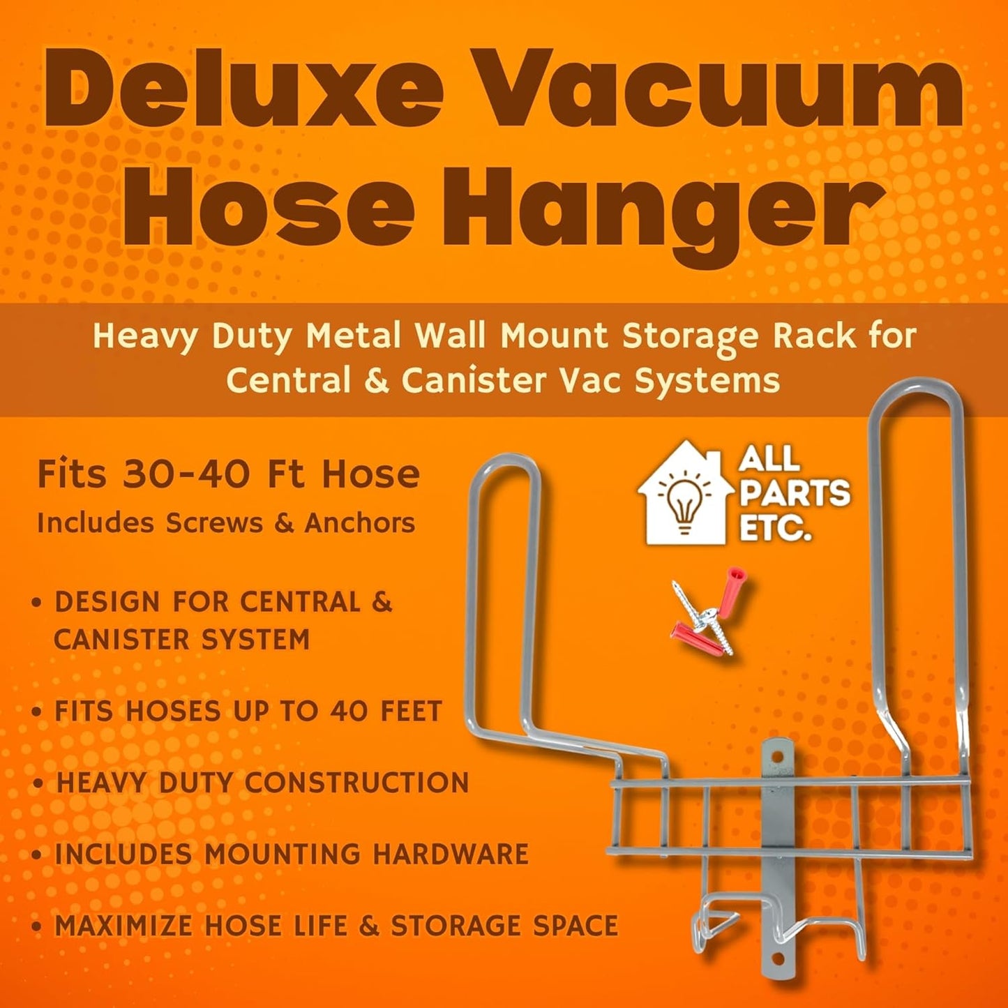 Deluxe Vacuum Hose Hanger – Heavy Duty Metal Wall Mount Storage Rack for Central & Canister Vac Systems – Fits 30-40 Ft Hose – Includes Screws & Anchors – Gray