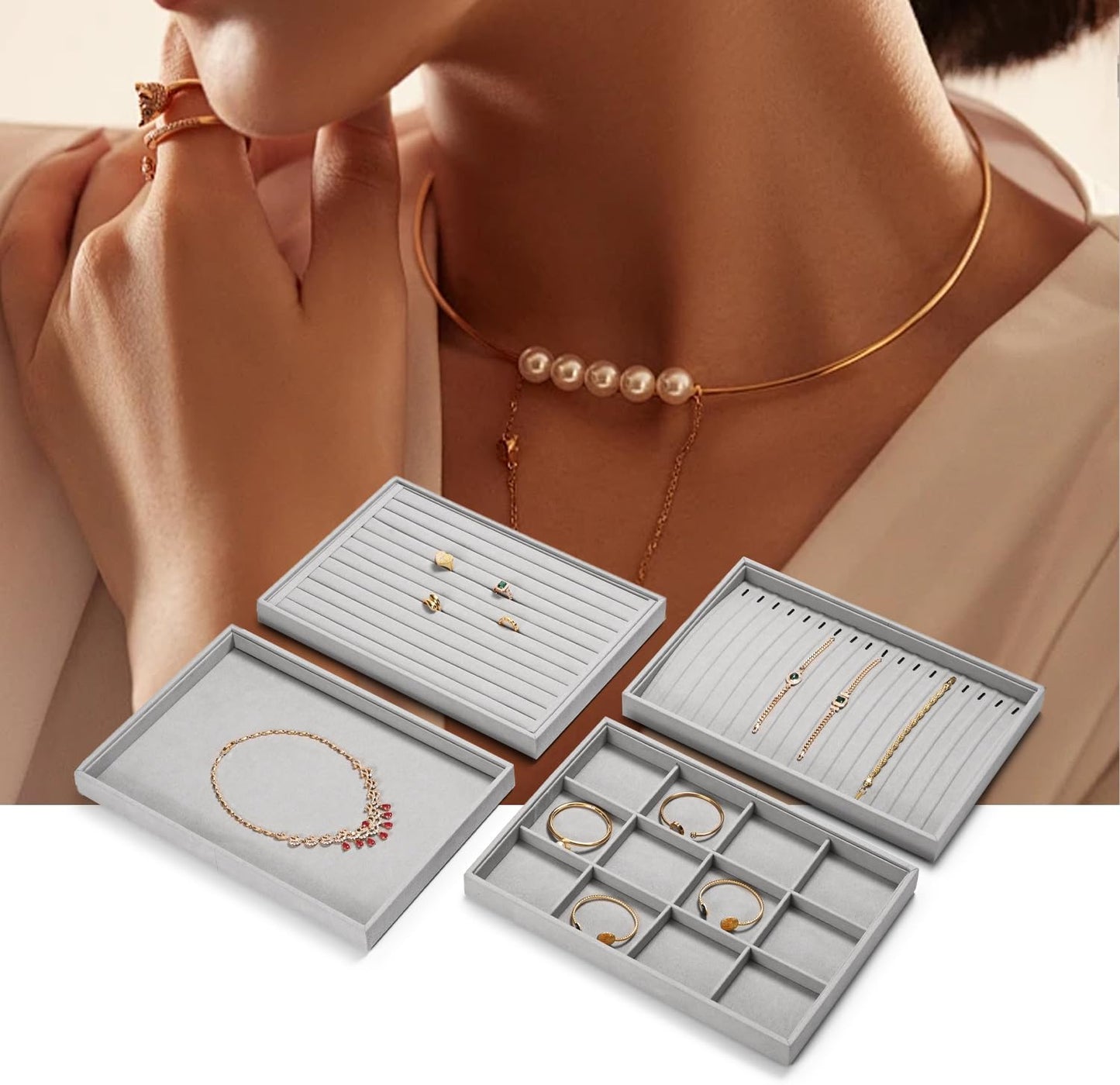 Jewelry Display Tray - Gray Microfiber Ring & Earring Organizer (13.8 x 9.4 Inches) - for Home or Store Use