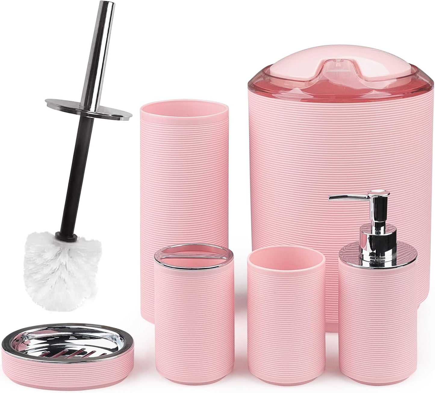 CERBIOR Bathroom Accessories Set Bath Ensemble Includes Soap Dispenser, Toothbrush Holder, Toothbrush Cup, Soap Dish for Decorative Countertop and Housewarming Gift (Pink Spiricle)