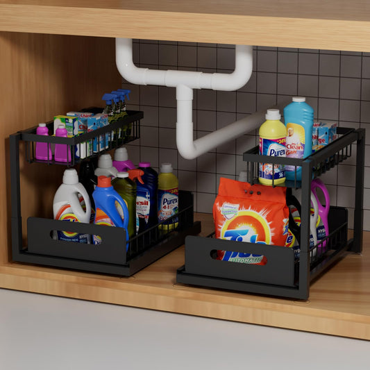 2-Tier Under Sink Slide Out Organizer, 2 Pack Pull Out Cabinet Storage Shelf with Sliding Wire Basket Drawer for Bathroom Kitchen, Countertop or Pantry Shelf, Black
