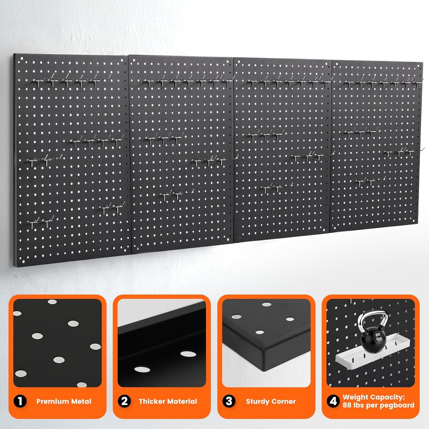 Pegboard, 4 PCS 24"×16" Metal Peg Board Panels Black Modular Wall Organizer Kit with 40 Hooks, Dual-Size Hole Design for Home Tool Storage, Garage Organization, Kitchen, Office, Craft Room