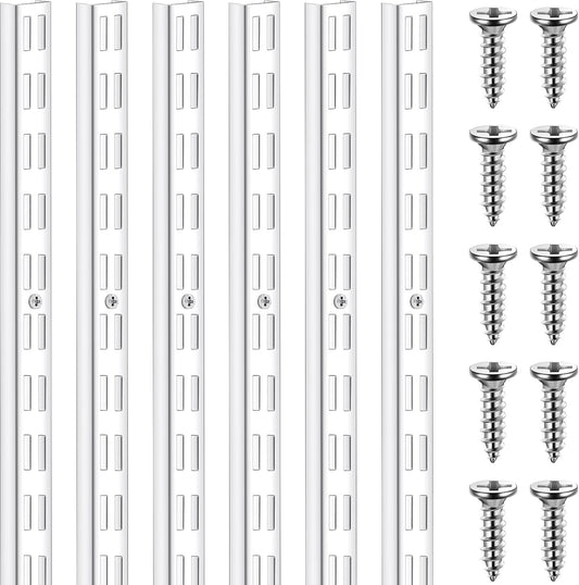 6 Pcs Dual Track Upright Wall Shelving System Heavy Duty Support System Twin Slot Shelf Rail Shelf Standards for Pantries Linen Closets Laundry Rooms(White,47.5 Inch)