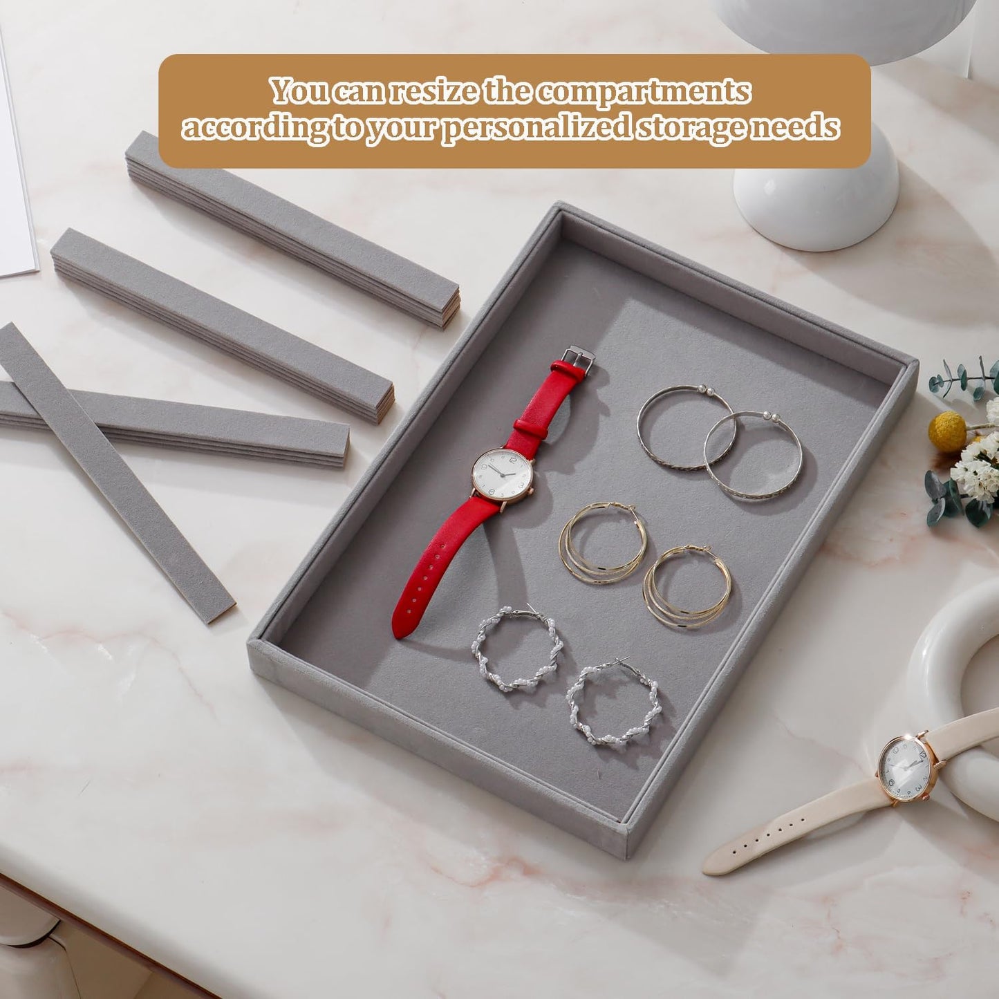Large Velvet Jewelry Tray 2 Pack Stackable Jewelry Display Drawer Inserts Trays Organizer for Earring Bracelet Necklace Ring (Gray, 16 Grids)