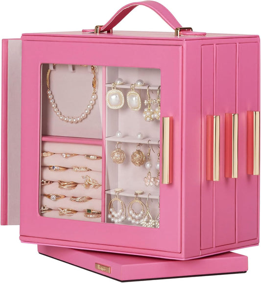 Homde Christmas Gifts Jewelry Box 360° Rotating, Necklace Earring Organizer with Transparent Window, Mirror, 7 Drawers, Large Ring Display Storage Case for Girls Women (Pink)