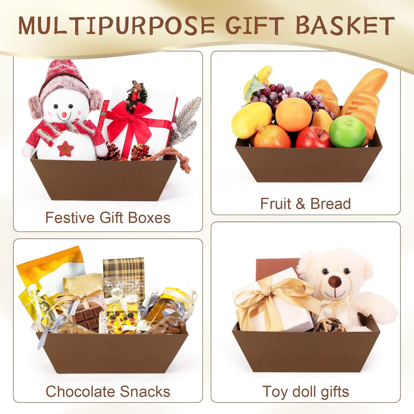 AFOROEOA 10PACK Baskets for Gifts Empty, 10x12”Thick Brown Gift Basket with Handles 10 Bows 10 Bags Empty Gift Baskets for Christmas Thanksgiving Wedding Birthday Party Wrapping Gift