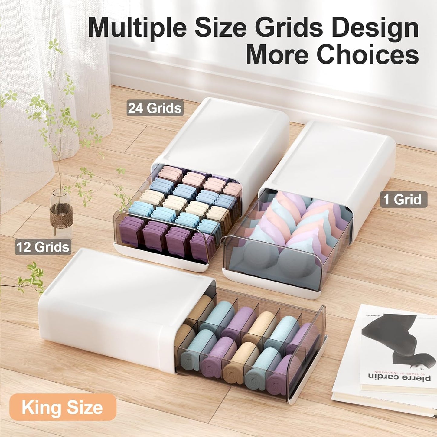 Underwear Organizer Drawer, 12 Cells Plastic Sock Underwear Storage Drawer, Stackable Closet Organizers and Storage Box for Bras, Socks, Scarves, Ties, Belt (King Size-White, 1 Pcs)