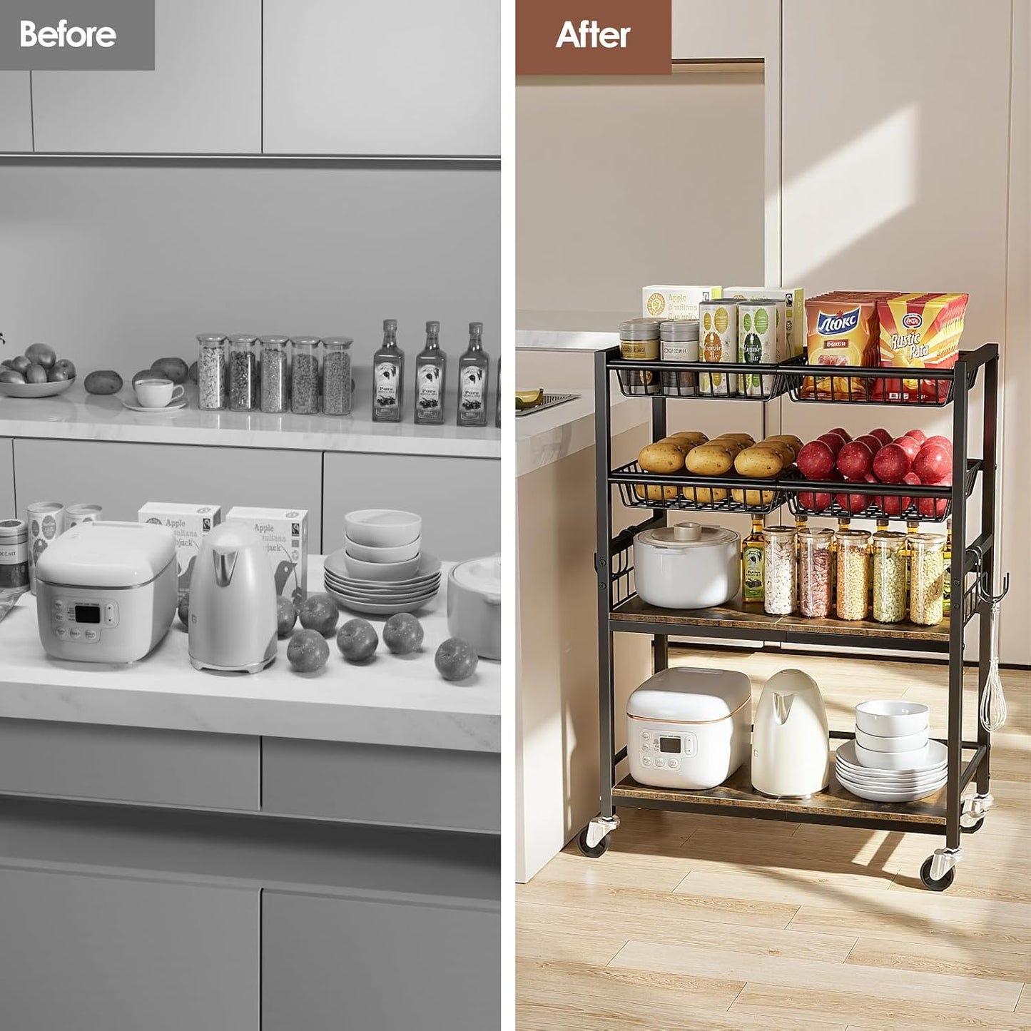 Kitchen Storage Cart, 4 Tier Utility Rolling Snack Cart, Fruit & Vegetables Basket Stand, Pantry Storage with 4 Detachable Mesh Basket for Kitchen, Bathroom, Living Room, Office, Balcony, Black