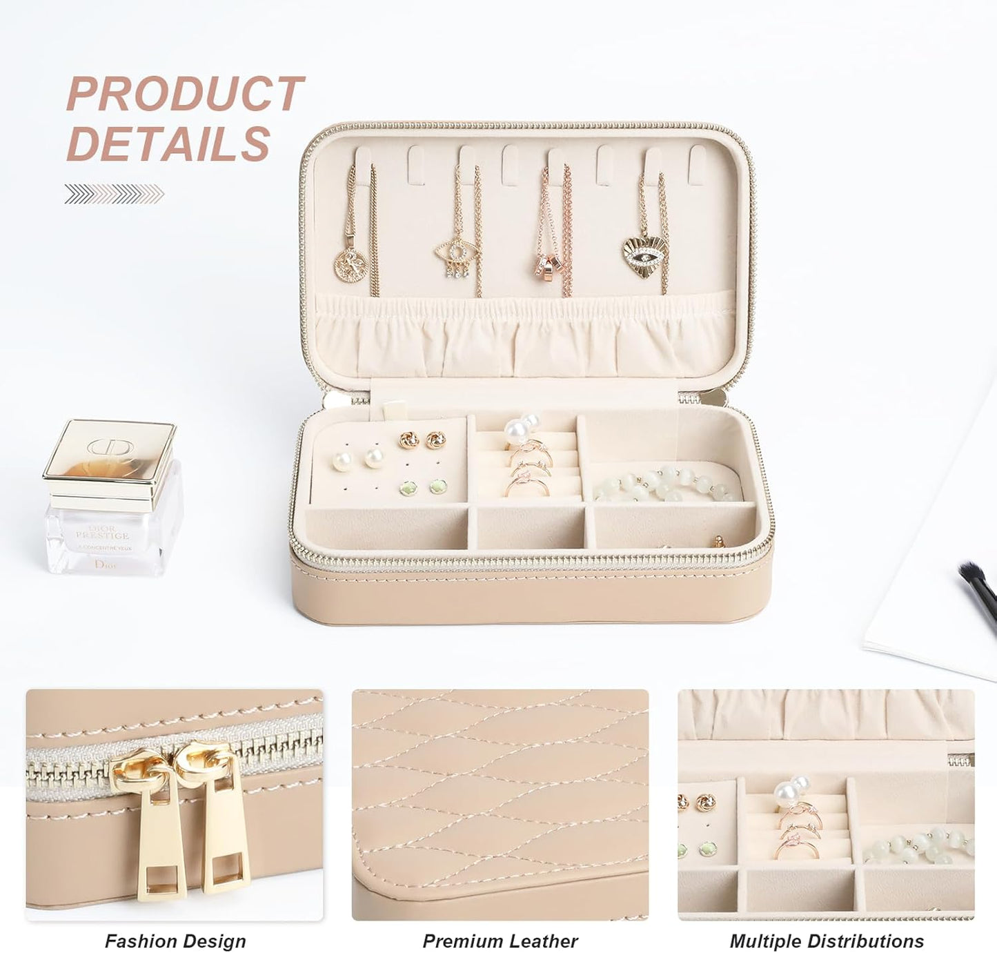 Leather Jewelry Box Women's Travel Jewelry Organizer with Zippered Design Tangle-Free Storage for Necklaces, Earrings, and Bracelets, Luxury Gift Box Apricot