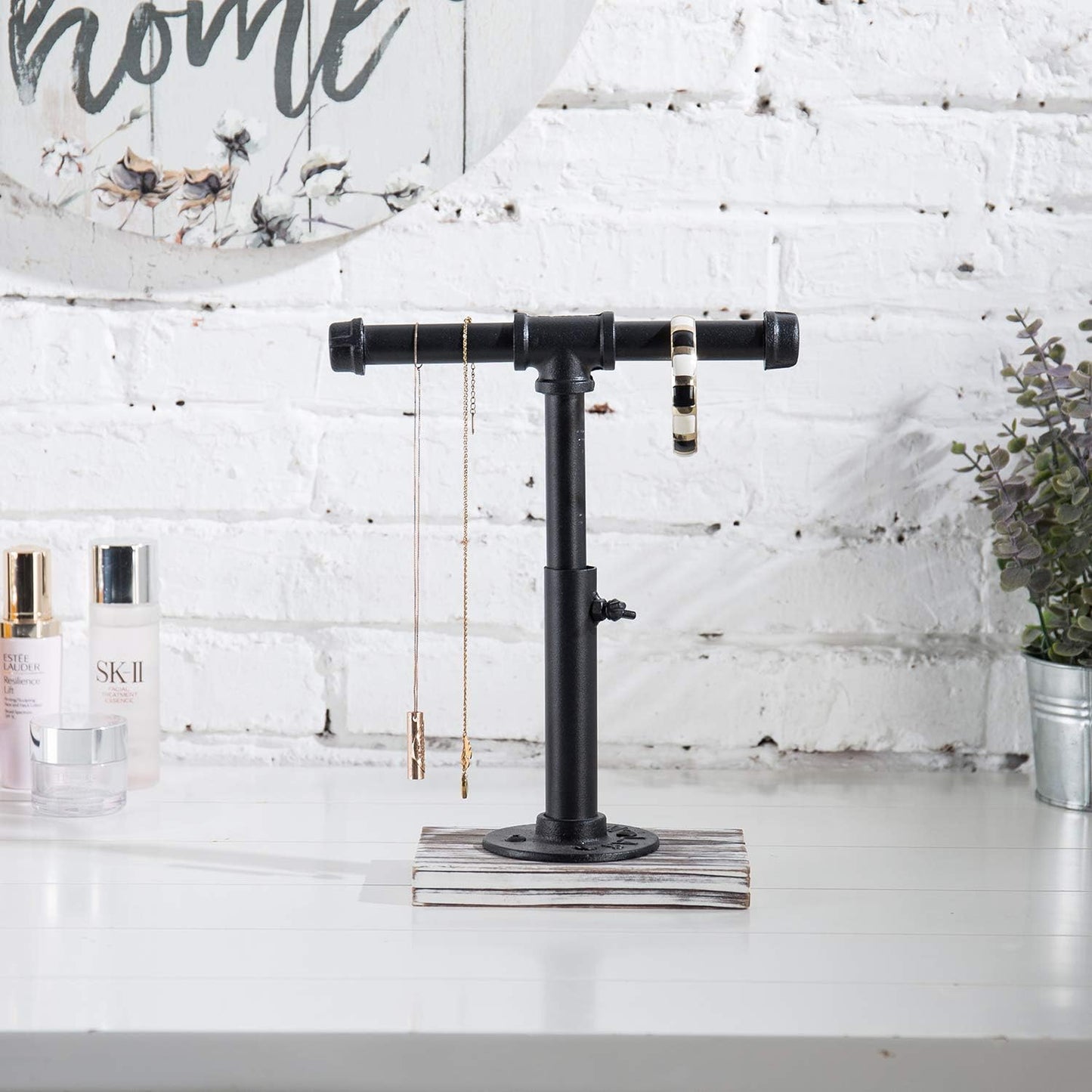 MyGift Industrial Pipe Black Metal T-Bar Adjustable Height Jewelry, Bracelet & Necklace Display Stand with Torched Wood Base