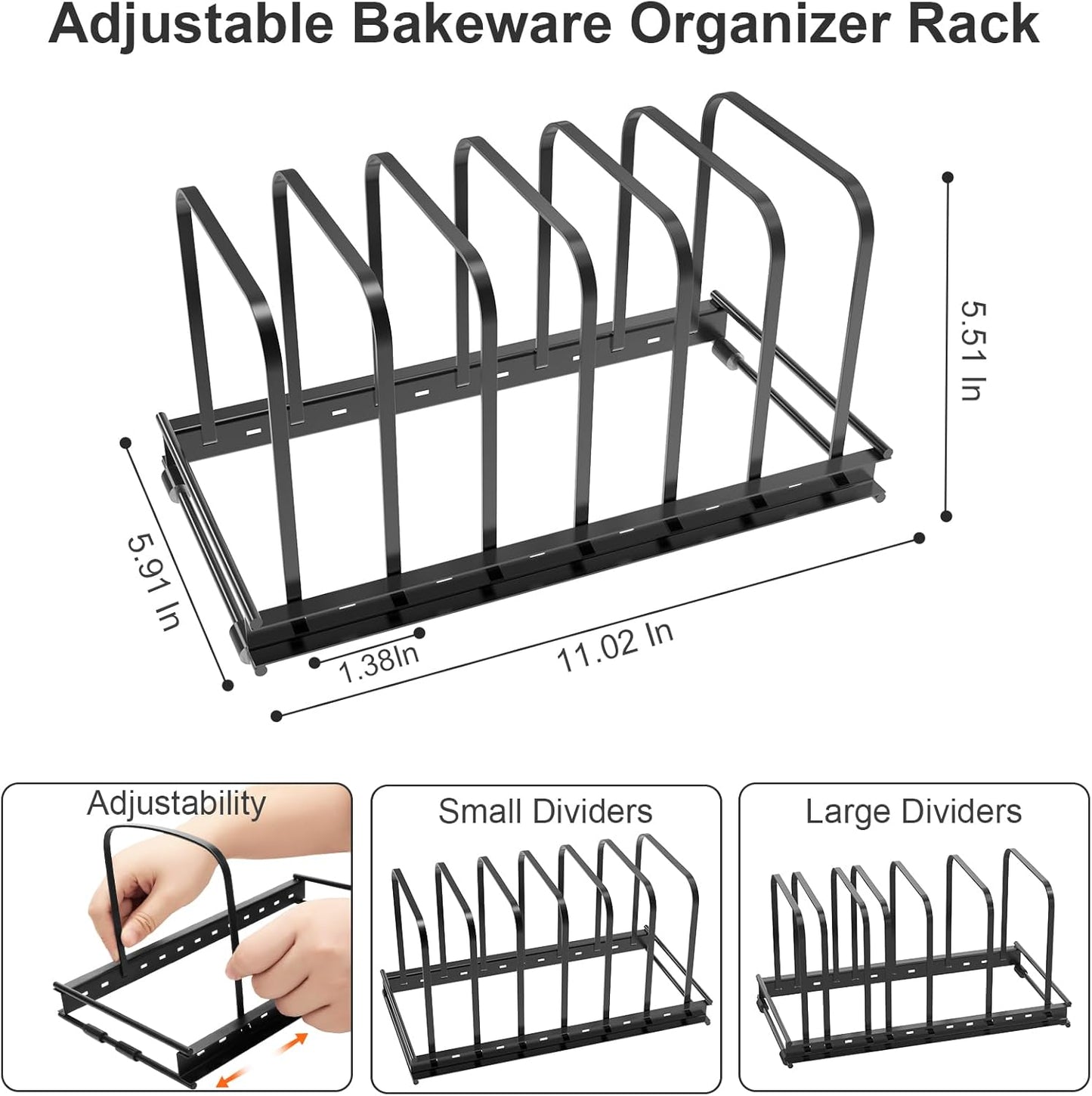 Cutting Board Organizer Rack, 2-Pack Adjustable Bakeware Organizer Holder for Cabinet Countertop, 7 Slots Metal Rack Cookie Baking Sheet, Pot Pan Lids Divider Kitchen Organization Storage, Black