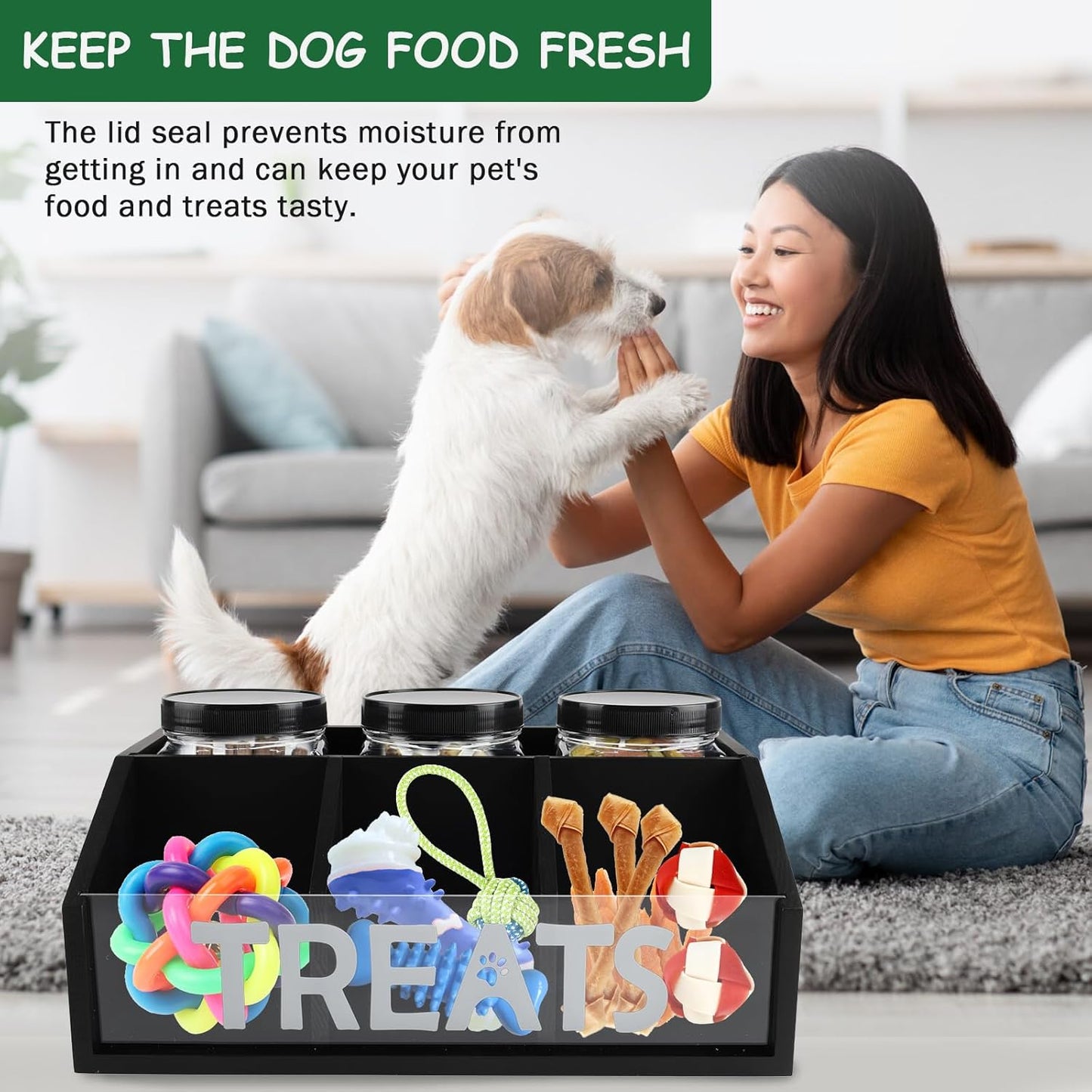 Geyecete Dog Treat Container cat food container with 3 Jars & Compartments pet treat storage dog treat container trapezoid Cute Pet Treat Organizer