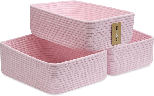 Large Shallow Organizing Baskets 15x11x5.1 Inches - Rope Woven Storage Bins for Bathroom, Shelves, Cube Closet, Light Pink 3 Packs