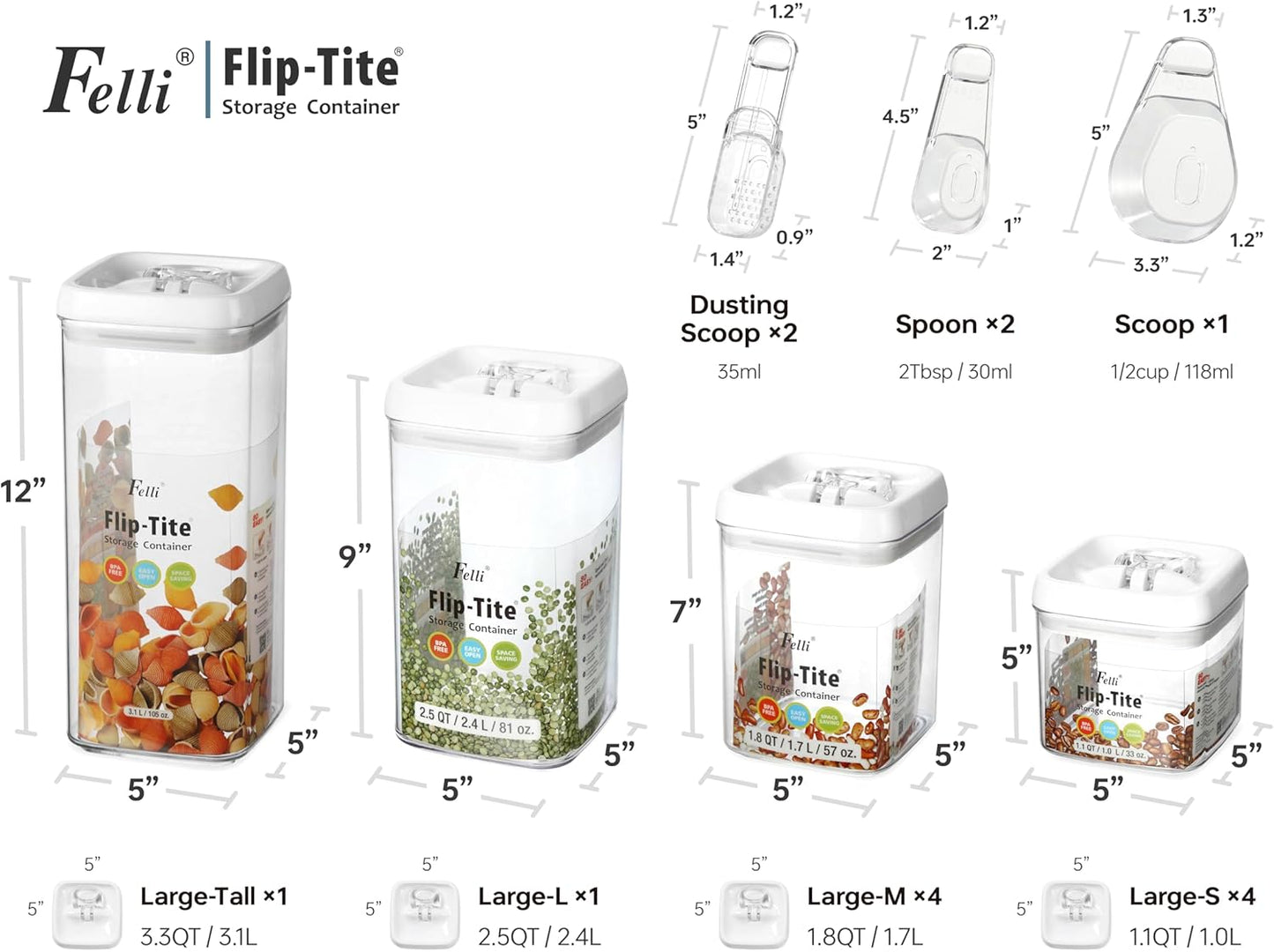 Felli Flip Tite Food Storage Container with Scoop & Lid 5" LARGE Airtight Ring Top, Acrylic Canister for Sugar Flour Baking Powder Rice Pasta, Kitchen Organizer Christmas Gift Set (10pk, Variety)