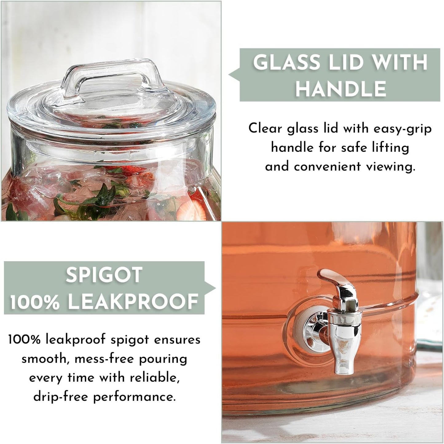 3 Gallon Glass Drink Dispensers For Parties,Classic Mason Jug Beverage Dispensers With Glass Lid With Handle And 100% Leakproof Spigot.Glass Water Jug Dispenser,Lemonade Dispenser