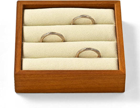 Solid Wood 3-Slots Jewelry Ring Display Tray Showcase Small Jewelry Display Organizer Tray for Rings(S,Beige)