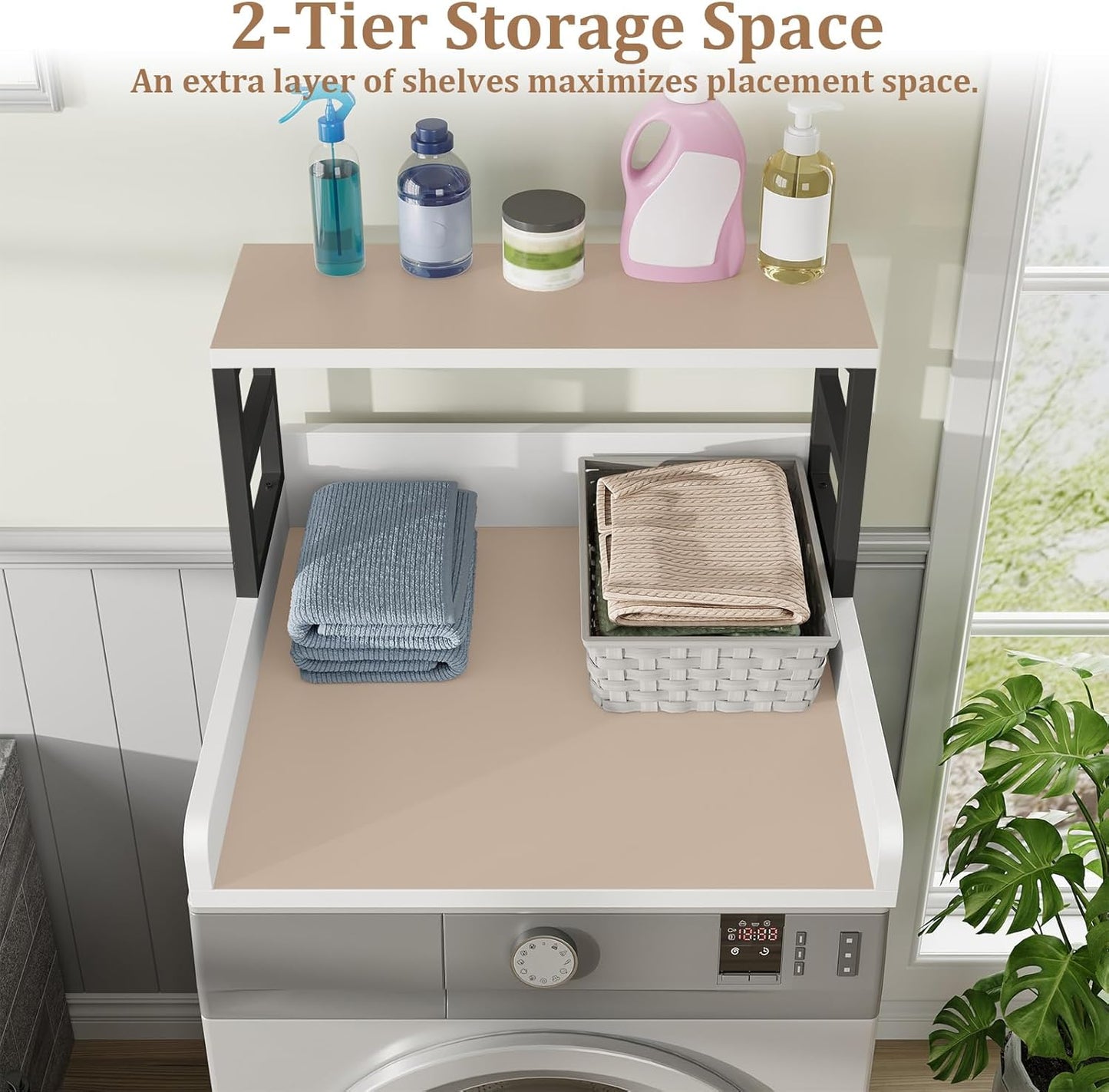 Washer Dryer Countertop with Shelf, 27.5″D x 27.5″W x 16.7″H, Countertop for Washer and Dryer Top with Non-Slip Pads and Edge Rails, Laundry Room Storage and Organization(White)