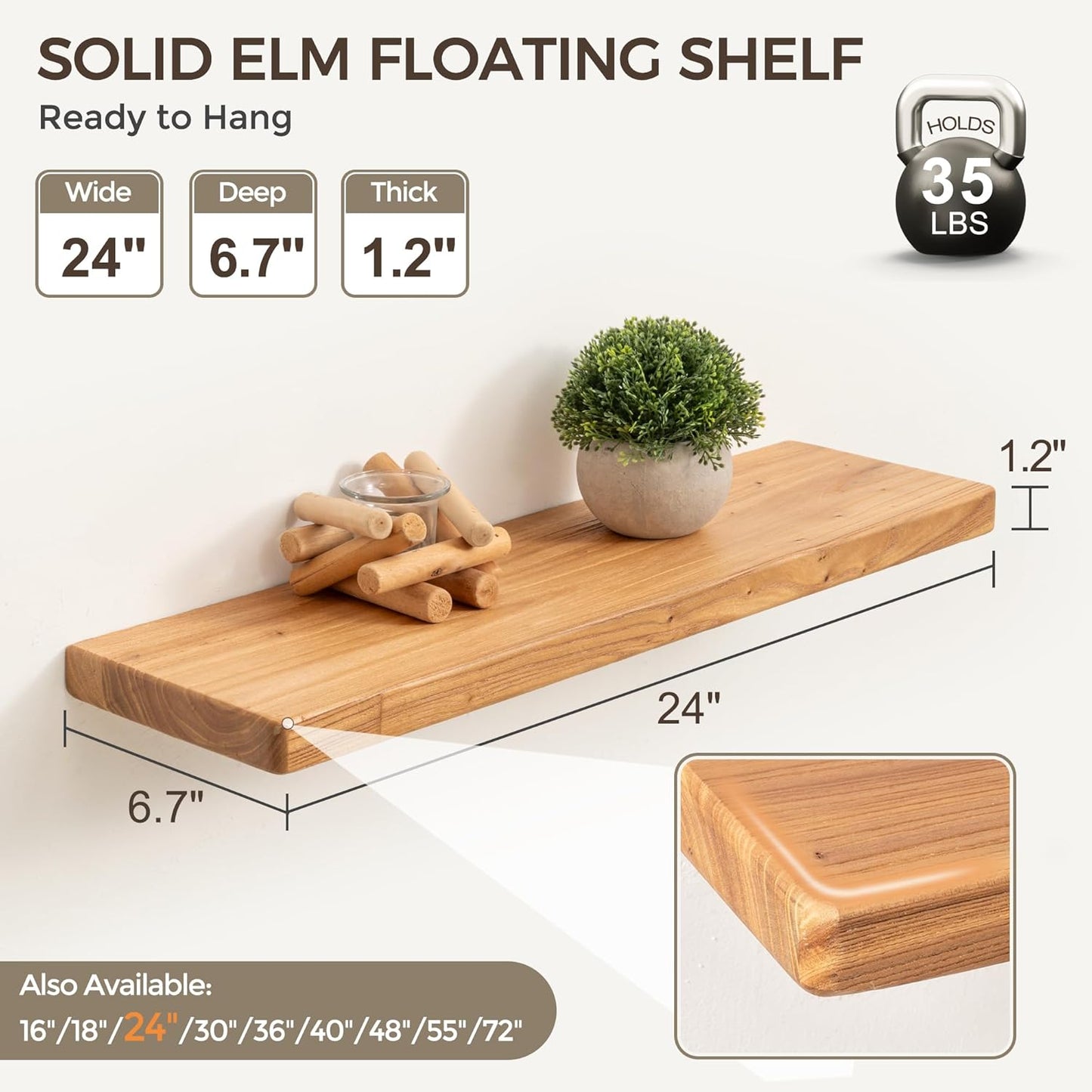 Fun Memories 24 Inch Floating Shelves, Solid Elm Wood Wall Shelf for Home Decor, Rustic Bathroom Shelves Set of 2, Heavy-Duty Storage Shelf for Kitchen, Bedroom, Living Room
