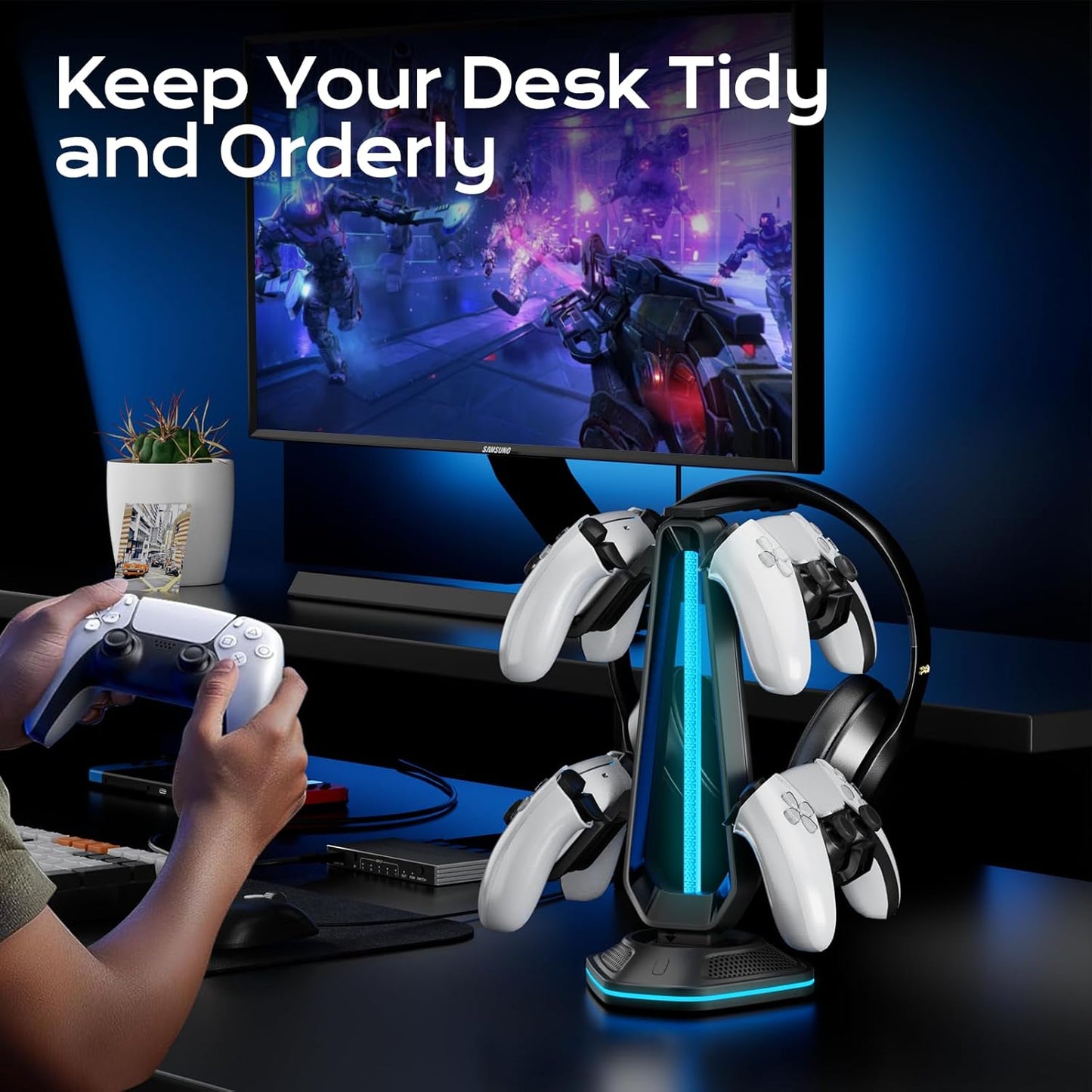 Saitake RGB Controller Holder with 9 Light Modes,Controller Stand with 2 USB Ports,Headset Stand for Desk-Headphone Holder Suitable for All Headphones and Controllers