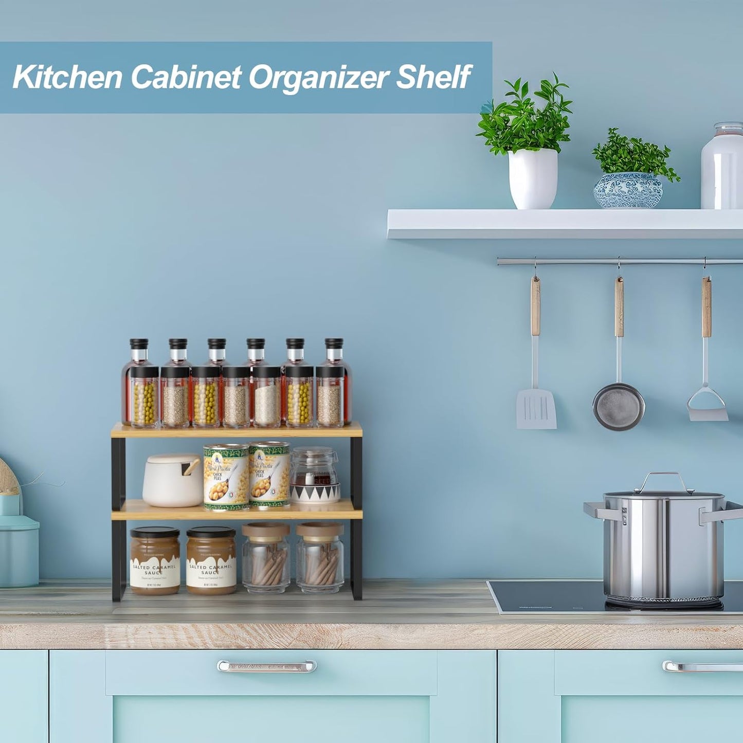 NEX Cabinet Shelf Organizer Set of 2, Kitchen Counter Shelves Spice Rack, Stackable, Expandable, Kitchen Pantry Cupboard Storage Organization, Black and Natural