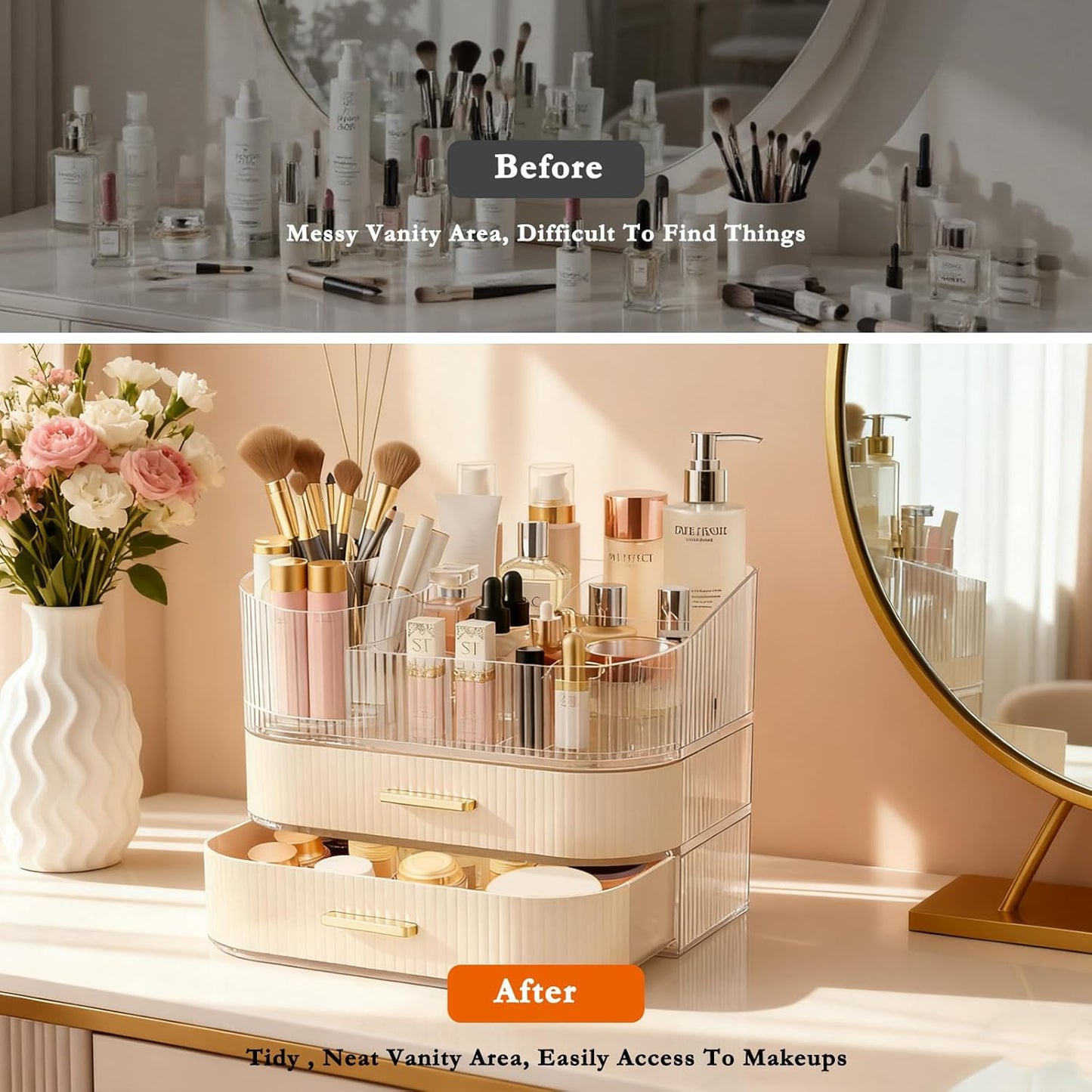 Makeup Organizer for Vanity with Stackable Drawers, 360 Rotating Makeup Brush Holder Large Cosmetic Display Case for Dresser, Bathroom Countertop Skincare Organizers and Storage (3-layer)