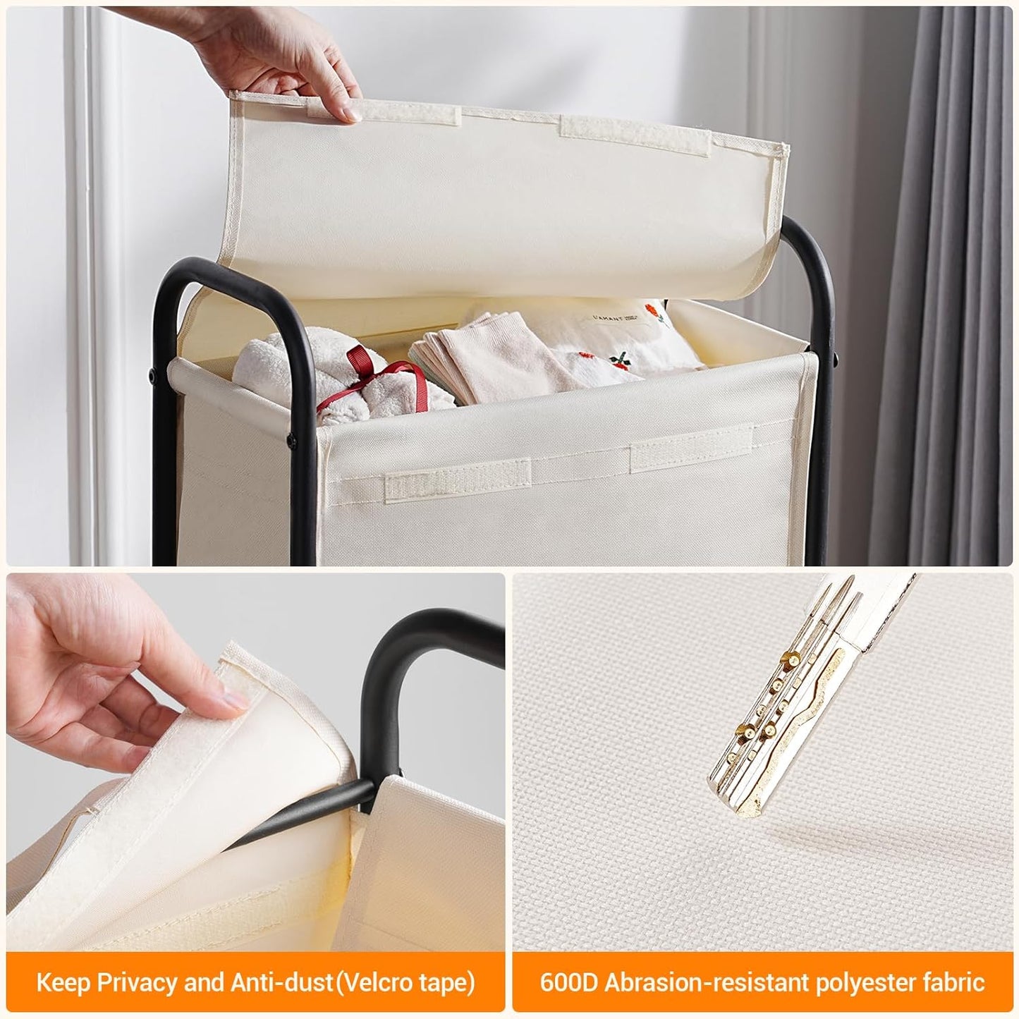 ELYKEN Slim Laundry Hamper with Lid, 50L Small Rolling Laundry Basket on Wheels, 7.9” Narrow Dirty Cloth Cart with Removable Inner Bag for Small Bathroom, Bedroom, Creamy