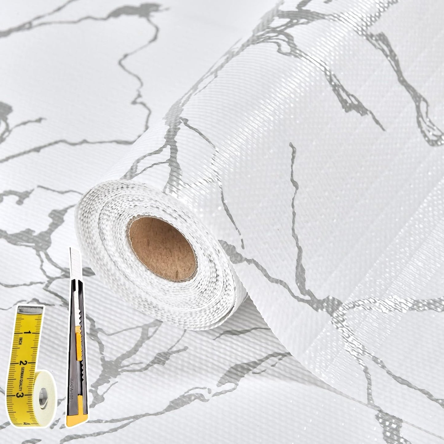 Drawer and Shelf Liner for Kitchen Cabinet: 17 in X 30 Ft Non Slip Waterproof Shelf Paper Non Adhesive Refrigerator Liners Silver Marble Easy Liners for Bathroom with Knife Tape Measure