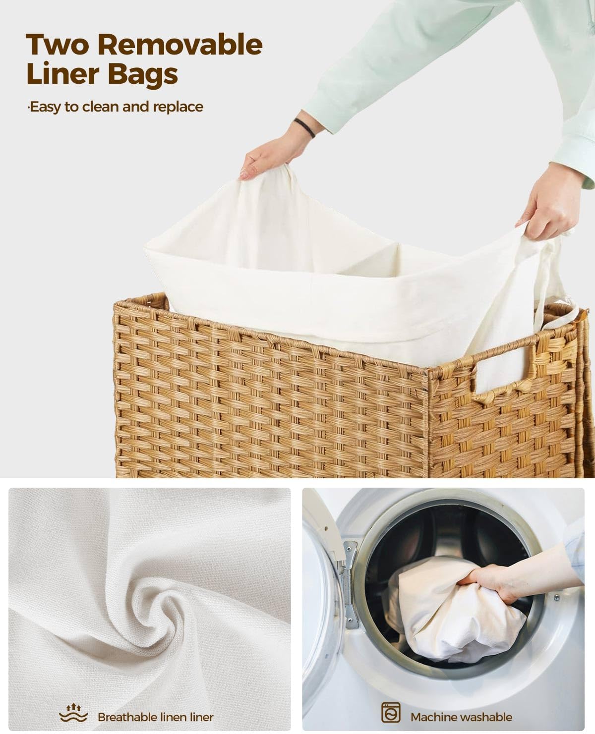Greenstell Laundry Hamper with Wheels, No Install Needed, 110L Divided Handwoven Hampers & 2 Removable Liner Bags, Synthetic Rattan Clothes Laundry Basket with Lid & Handles, Foldable Hampers Natural