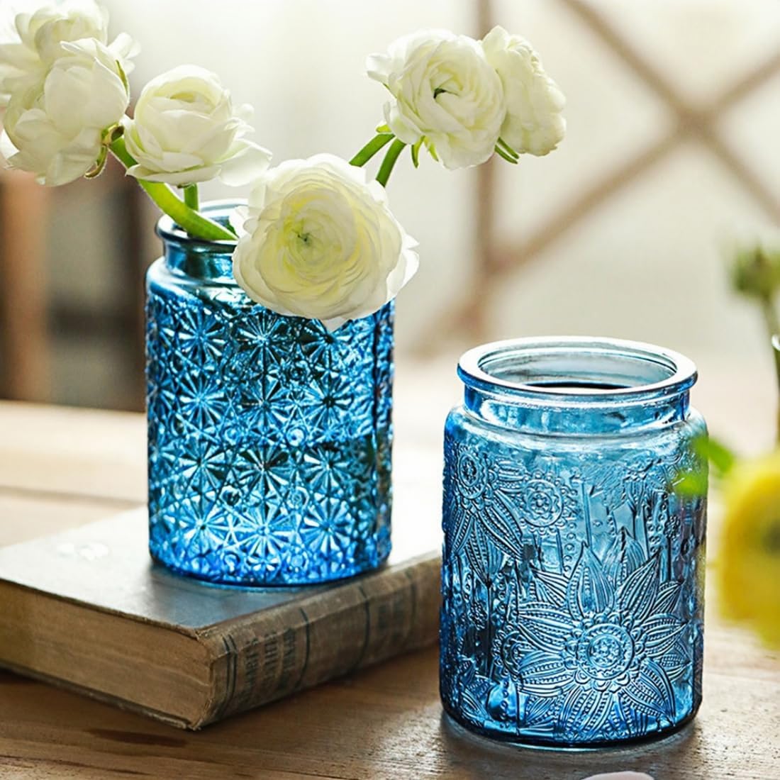 Set of 2 Vintage Glass Jars, Green Glass Storage Jars with Lids (23.7 oz) for Kitchen, Pantry, Candy, Flour, Oatmeal, Coffee Beans, Pet Food, Laundry Detergent, Cute Jar (Green&Blue 2, 23.7 Ounces)