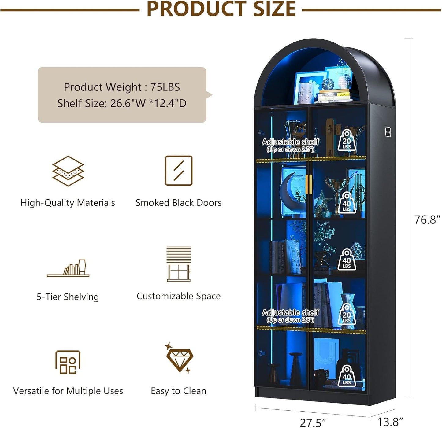 Arch Display Cabinet with Doors and Adjustable Shelves, 76" Tall Curio Cabinet with LED Lights/Storage Space, 6 Tier Display Case Bookcase for Collectibles Bedroom Living Room Office, Black