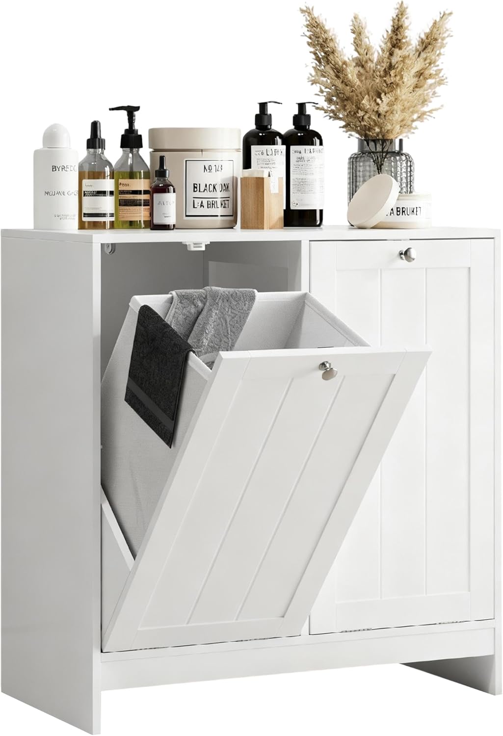 Tilt-Out Double Laundry Hamper Cabinet, White, 26.8" H x 26" W x 12" D, 5.9 Gal Capacity, MDF Construction.