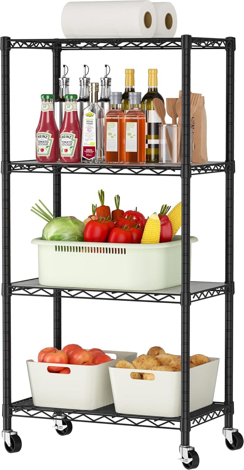 4 Tier Shelves Storage Shelf Wire Closet Bathroom Organizers Metal Pantry Kitchen Garage Shelving Unit Laundry Room Organization Home Rack Net Basket Black with Wheels 14”D X 24”W X 48.9”H