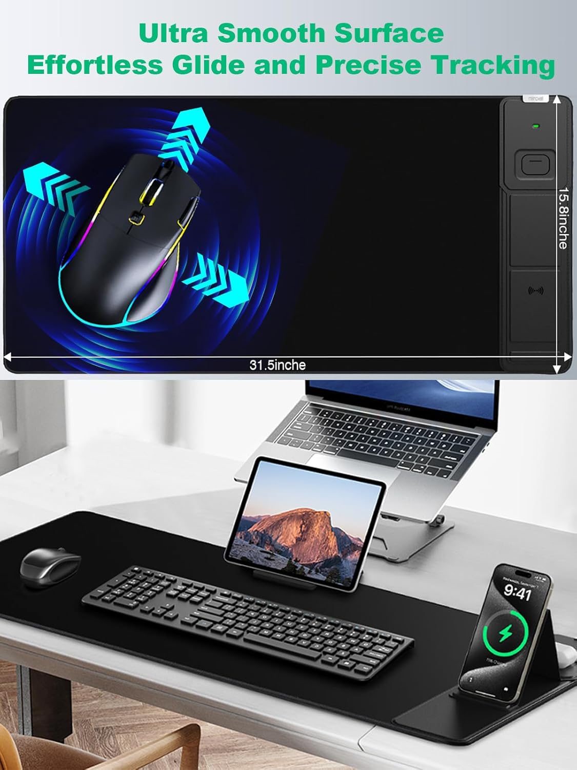 Mouse Pad, Office Desk Mat, Large Gaming Mousepad with Superior Micro-Weave Cloth, XXL Desk Pad with Stitched Edges, Non-Slip Writing Pad for Gamer, Laptop, Work & Home (Black Charging On The Right)