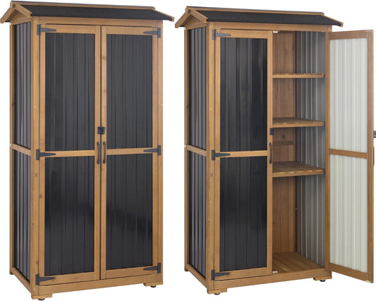 Storage Cabinet Outdoor Garage Cabinets with 3 Adjustable Shelves, Lockable Door, Wood & Metal Weather-Resistant Pantry Cabinet for Patio Garden Home Farm (33.3" Lx 21" Wx 69" H)