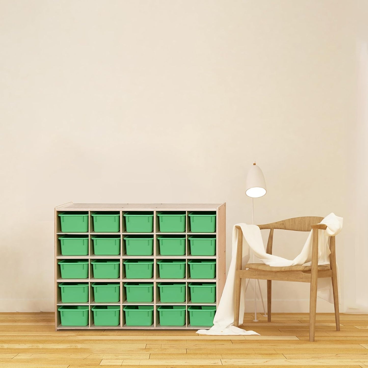 Contender 25 Trays Birch Hardwood Shelving Unit with Lime Green Bins, Kindergarten, Home-School, Daycare Organizer for Toys, Puzzles, Art and Craft Supplies