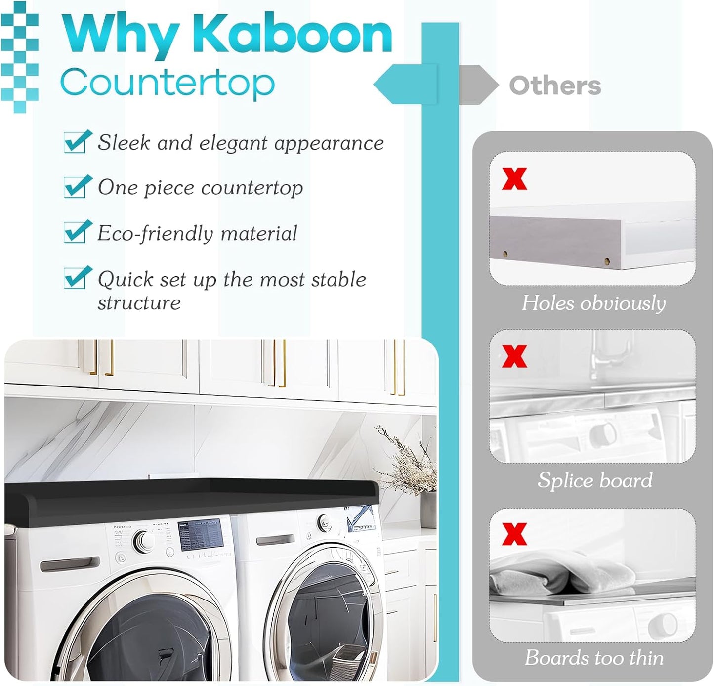 Kaboon Washer Dryer Countertop Only, Melamine Countertop with Edge Rails - 27.5" Depth x 54" Width Laundry Room Organization, Black