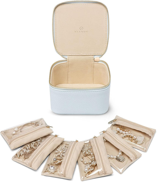 Vlando Small Jewelry Organizer,Travel Jewelry Case with 6 Velvet Jewelry Zipper Bags for Girls,Ideas Gifts for Christmas Wedding,Birthday,Graduation-Baby Blue