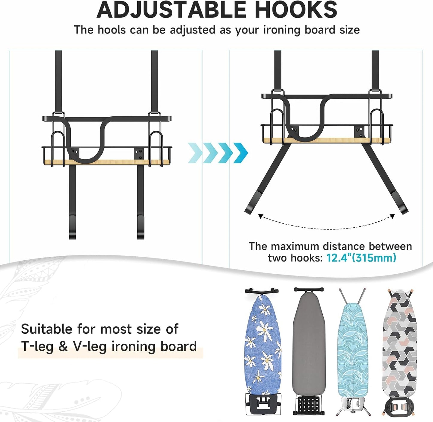 Ironing Board Holder Wall Mount, Over The Door Ironing Board Hanger with Storage Basket, Iron Holder for Hotel Rooms, Home Laundry Rooms, Utility Rooms, Closets (Black)