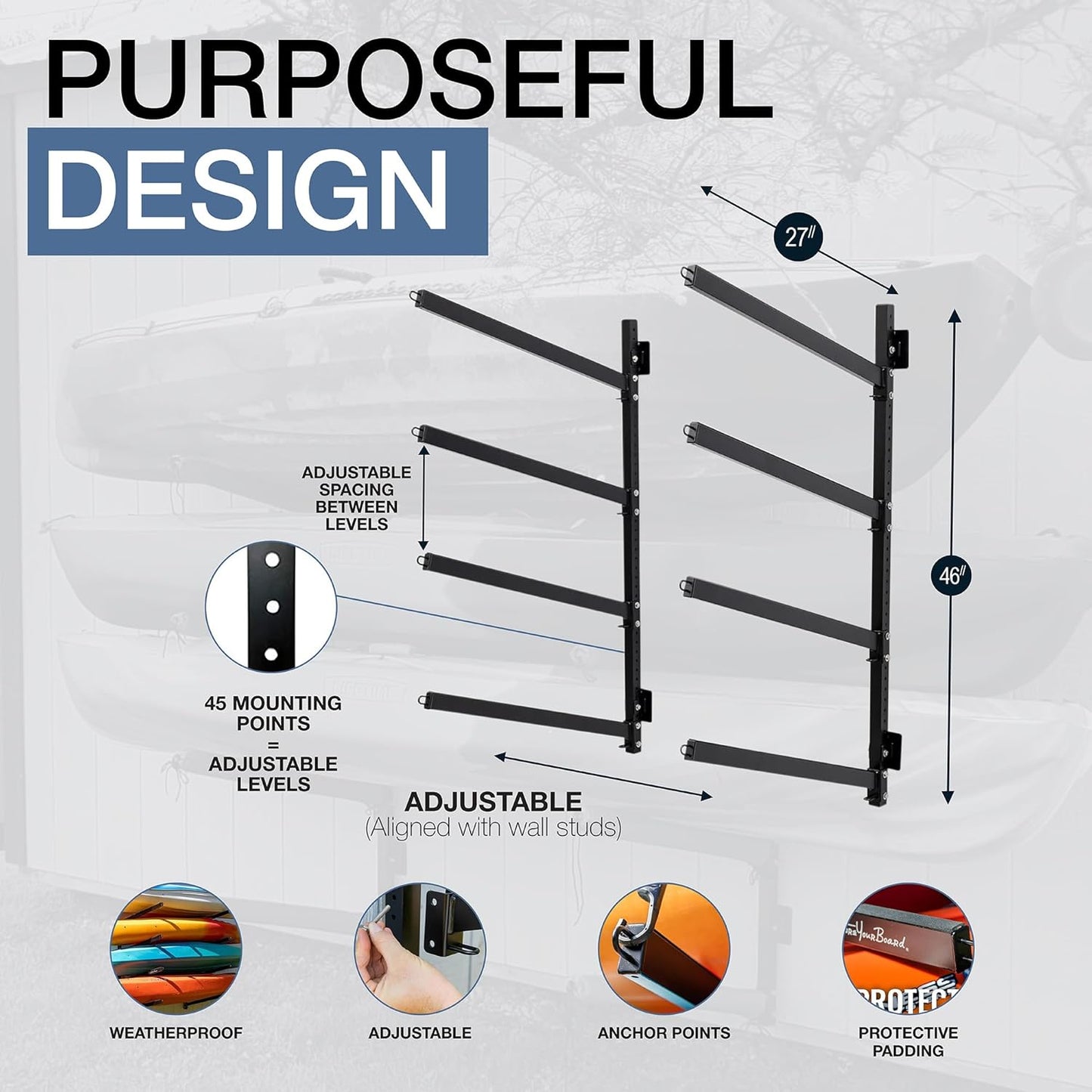 StoreYourBoard G-Kayak Wall Rack – Heavy-Duty Outdoor Kayak Rack for 4 Boats, Adjustable Storage Wall Mount Hanger, Space-Saving Outdoor Storage for Kayak Wall Mount - Holds 400 lbs - Silver