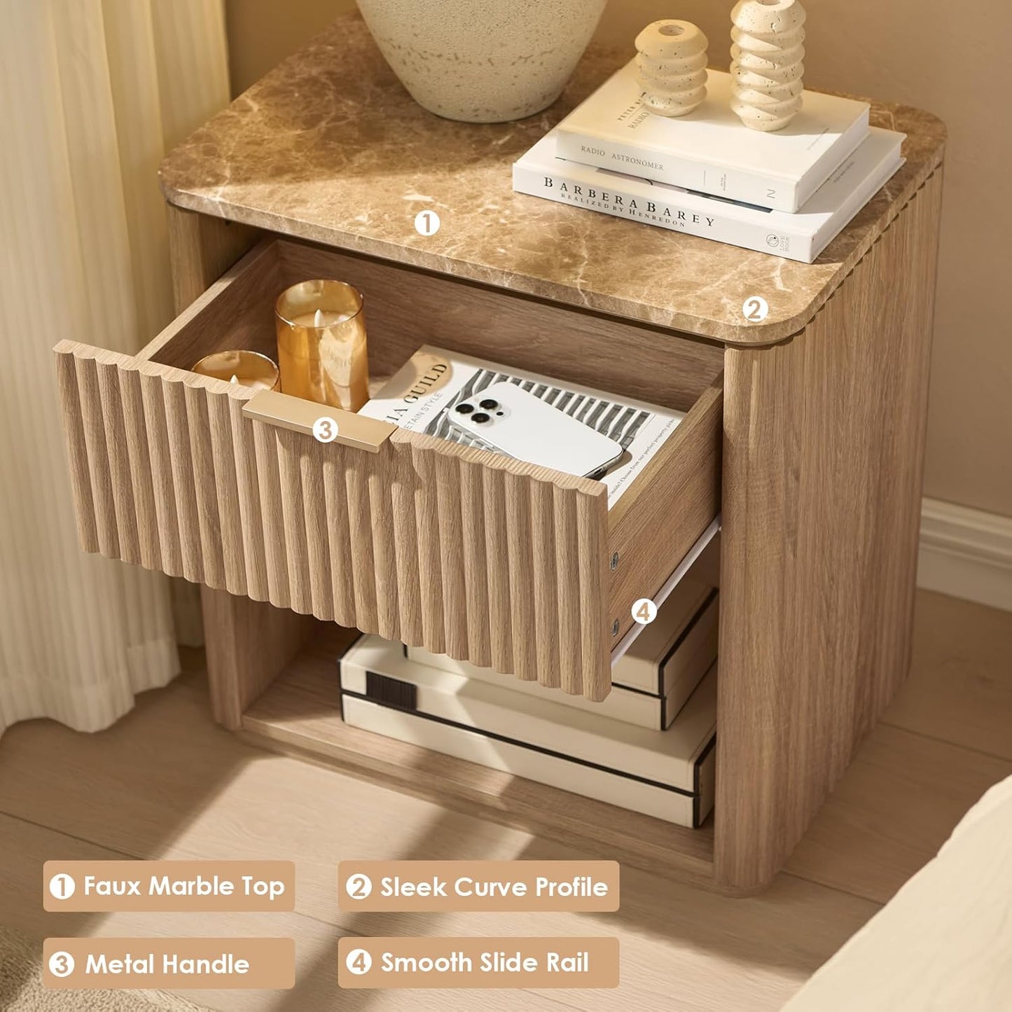 Fluted Nightstand Set of 2, Bedside Table with Faux Marble-Top, Engineered Wood Side Table with Drawer Open Shelf, Curved Corners, Modern Night Stand for Bedroom, Small Spaces, Natural Oak