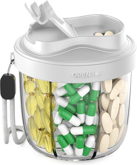 Pill Organizer,Pill Dispenser with 7 Large Compartments,Portable Pill Box for Travel, Anti-Mix Design & Wide Opening Design, Easy Access to Vitamin Dispenser, Includes 20 Blank Stickers（Grey）