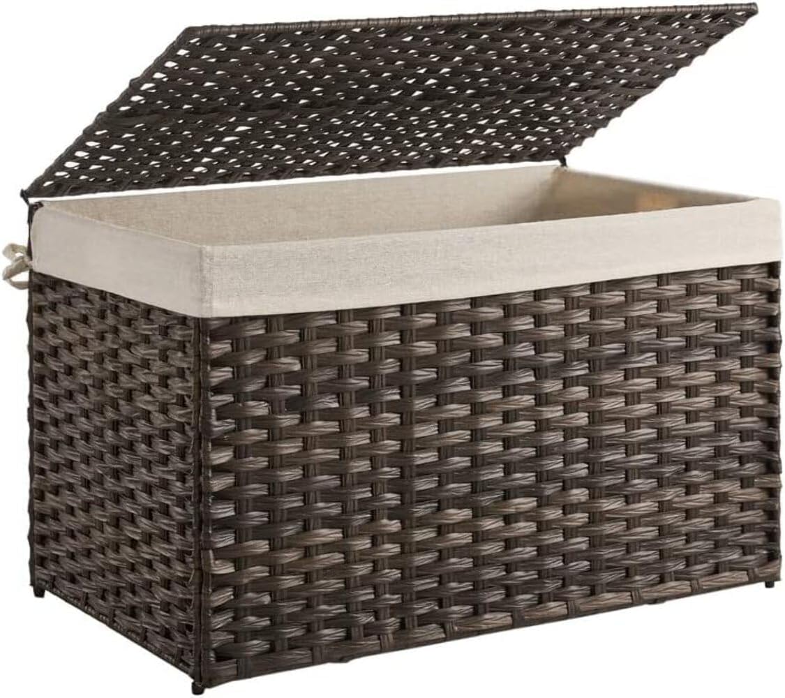 SONGMICS Storage Basket with Lid, Woven Blanket Storage Bin with Handles, Foldable, Removable Liner, Metal Frame, for Bedroom, Laundry Room, 42.3 Gallons (160 L), Brown URST76BR