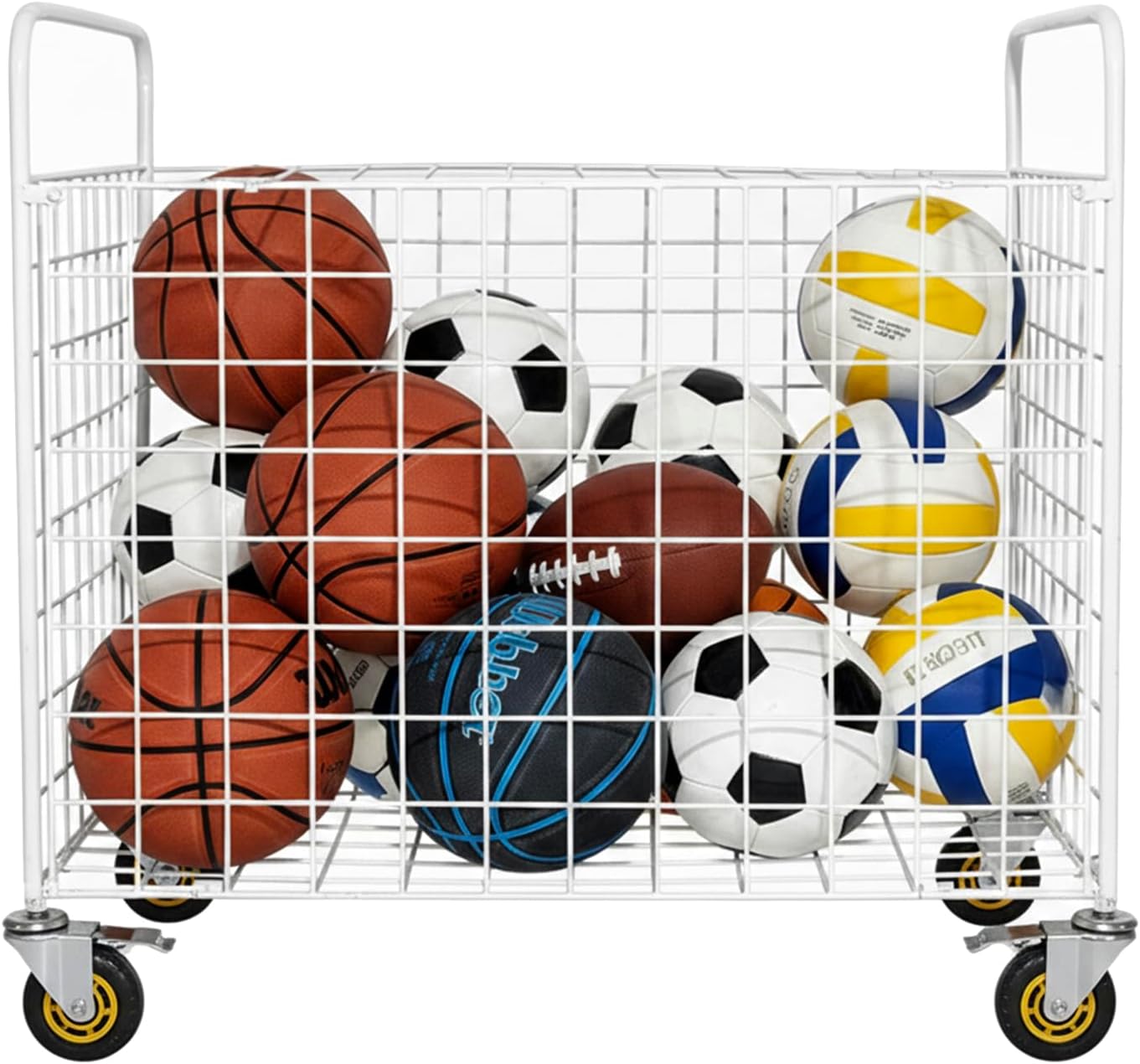 MyGift Professional Gym Metal Multi Sports Ball Storage Cart with Jumbo Industrial Wheels, Commercial Grade Portable Equipment Locker Cage for Basketball, Football, Soccer, Volleyball