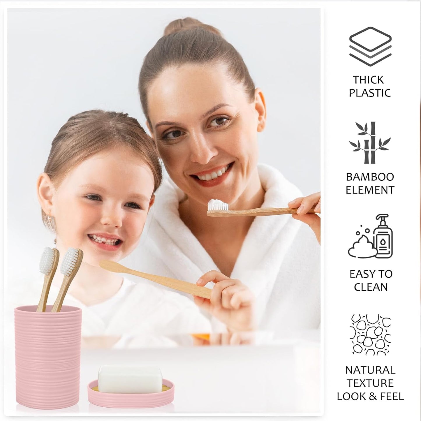 CERBIOR Bathroom Accessories Set 6 Piece Bamboo Bath Ensemble Includes Soap Dispenser, Toothbrush Holder, Toothbrush Cup, Soap Dish for Decorative Countertop and Housewarming Gift, Sriral Pink